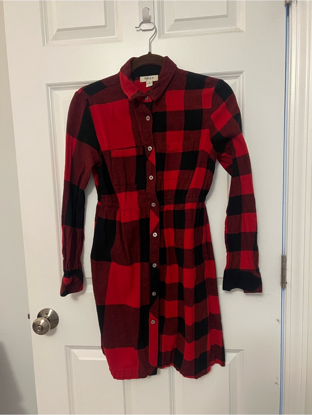 Women's Red and Black Plaid Button-Up Flannel Dress